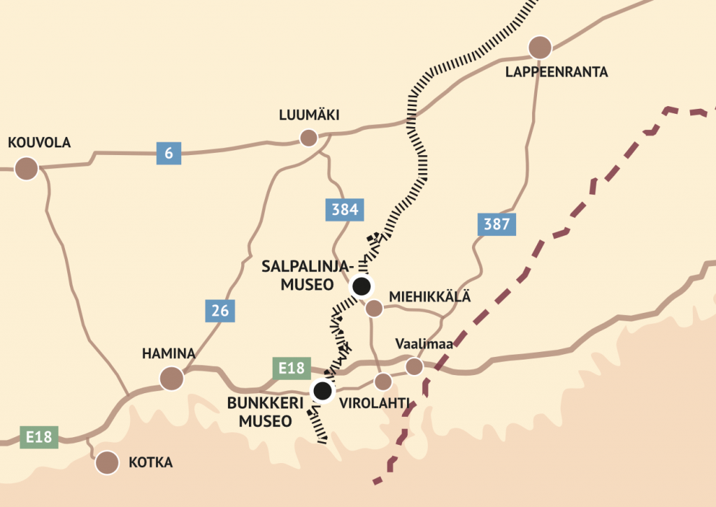 Salpalinjamuseon ja Bunkkerimuseon sijainti kartalla