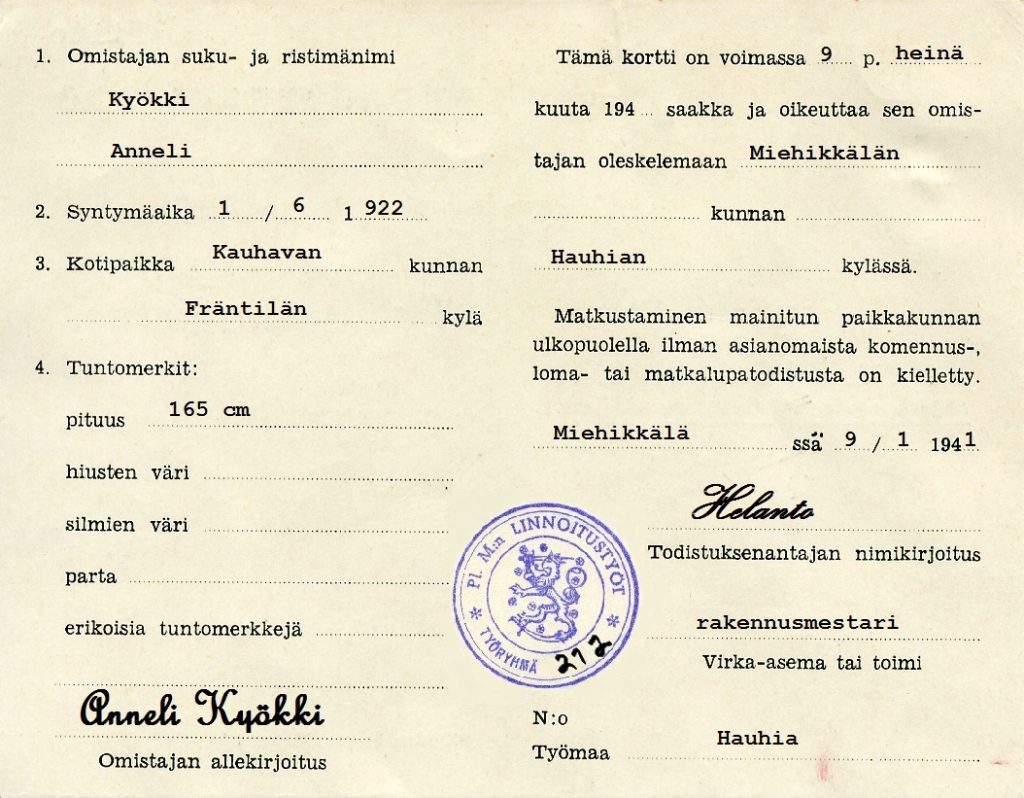 Muonituslotta Anneli Kyökin työmaatodistus