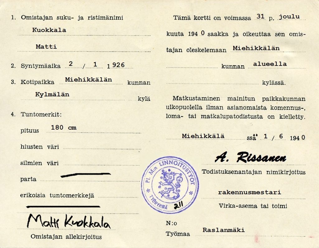 Porapoika Matti Kuokkalan työmaatodistus