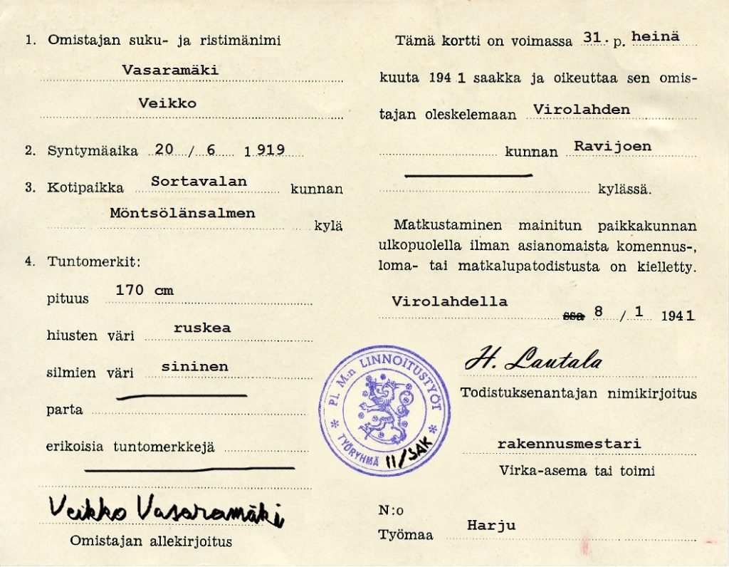 Sekatyömies Veikko Vasaramäen työmaatodistus